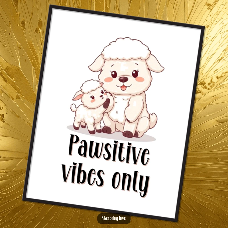 Funny sheepdog showing a paw to a curious lamb on a poster, capturing a tender farmyard moment.