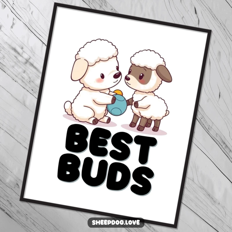 Funny sheepdog character presenting a toy to a curious lamb, art print.