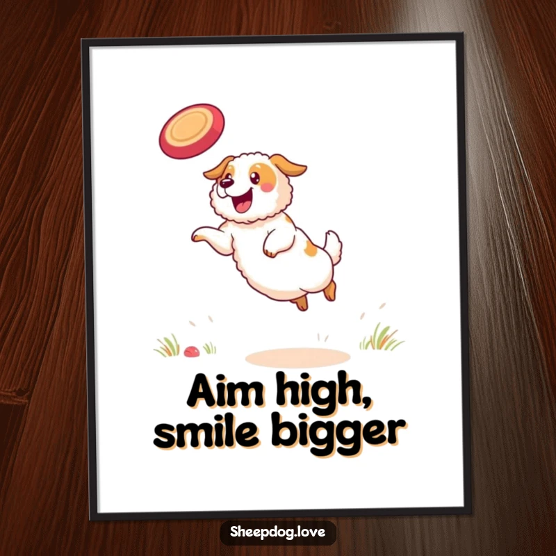 Funny sheepdog poster capturing a determined sheepdog in mid-air executing a spectacular frisbee catch.