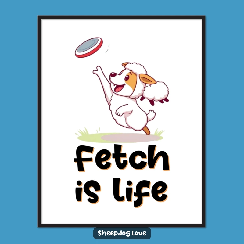 Funny Sheepdog Poster: Energetic Frisbee Catch Art, Hilarious Sheep-Tossed Decor Gift