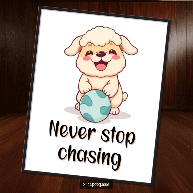 Funny sheepdog poster featuring a joyful dog barking with all its might at a rolling ball, ideal for humorous wall decor.