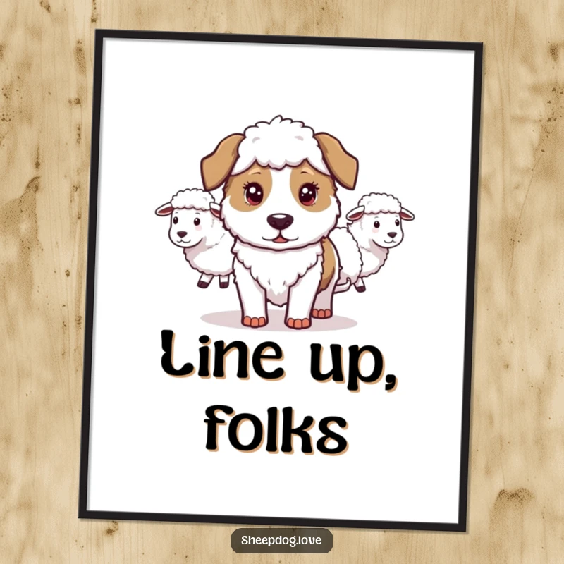 Funny Sheepdog Poster: Artwork of a determined sheepdog leading sheep in a line, a humorous wall art piece for dog enthusiasts.