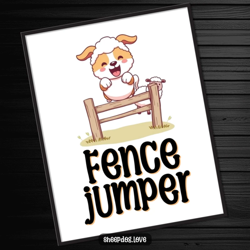 Funny sheepdog character joyfully leaping over a small fence, sheep in background, art print.