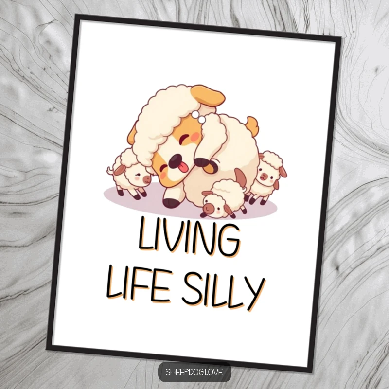 Funny Sheepdog Poster: A sheepdog doing a playful tumble, with little sheep gathering around, creating a scene of joy.