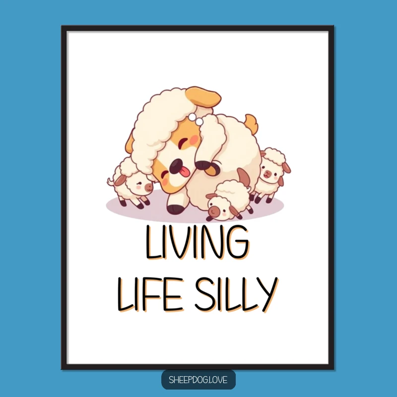 Funny Sheepdog Poster: Playful Tumble with Sheep Art, Hilarious Decor Gift