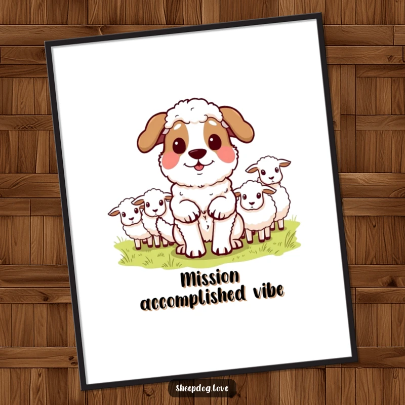 Funny sheepdog poster showcasing a proud dog after successfully herding sheep, adding inspiration and humor to decor. Ideal for pet lovers.
