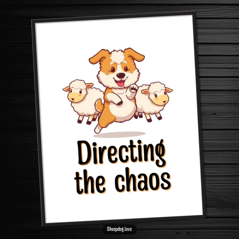 Funny sheepdog poster showing a dog performing a swift maneuver to redirect sheep, perfect for adding dynamic humor to decor.