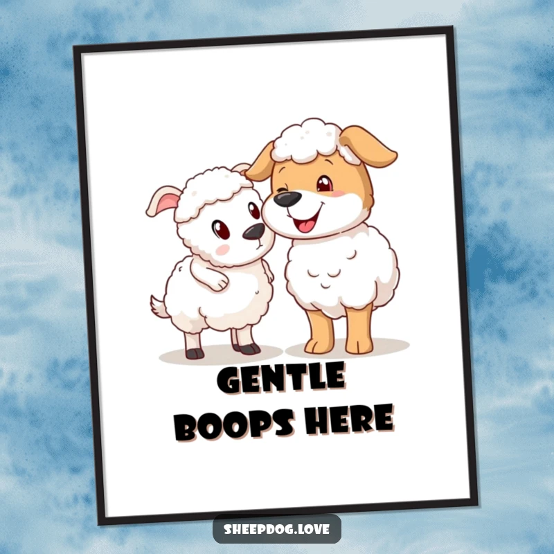 Funny sheepdog nudging sheep poster, showing a dog playfully nudging a startled sheep.