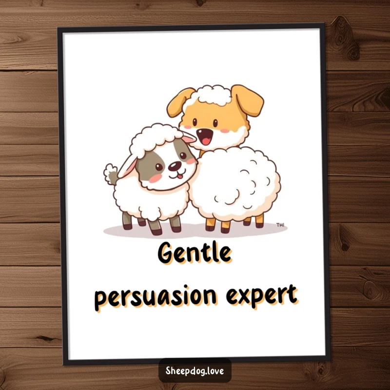 Funny sheepdog playfully nudging a stray sheep towards the group, depicted as humorous wall art.