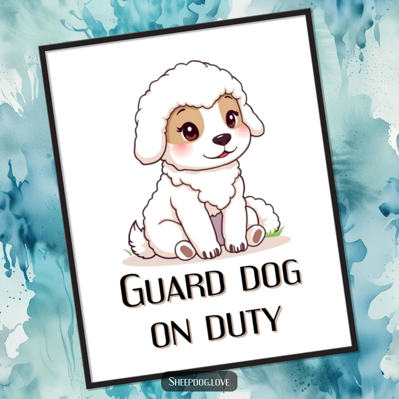 Funny sheepdog poster print of a calm dog watching sheep, serene and humorous wall art gift.