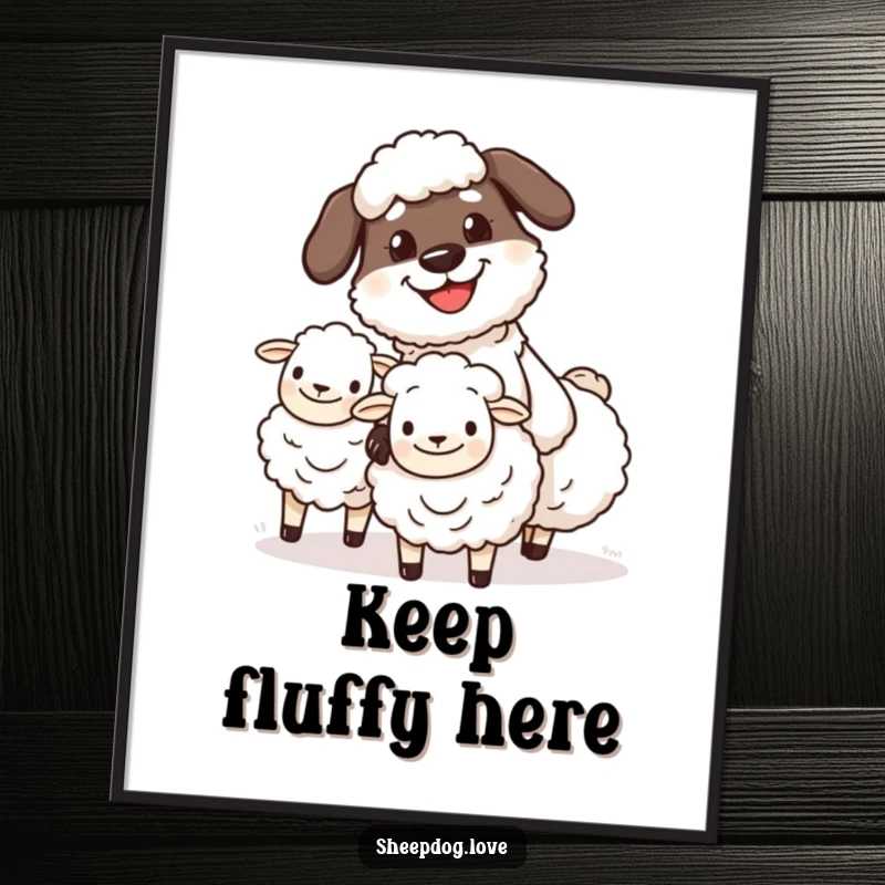 Funny sheepdog herding poster print of a determined, grinning character managing fluffy sheep, creating a wholesome and humorous visual.