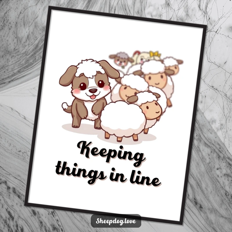 Funny sheepdog poster showing a playful sheepdog carefully nudging a stray sheep back towards the main flock.