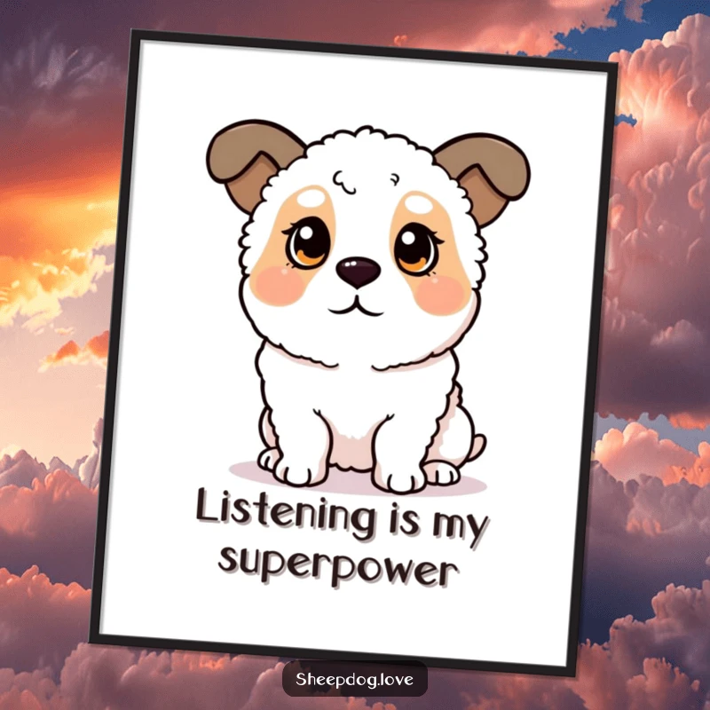 Funny sheepdog poster showcasing a dog with perked ears, attentively listening, adding charm and humor to wall decor. Ideal for pet lovers.