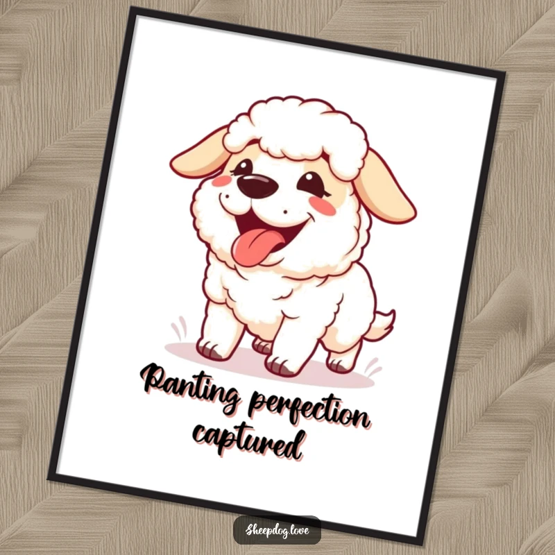 Funny Panting Sheepdog Poster showing a content sheepdog panting happily with its tongue out after a successful and energetic run.