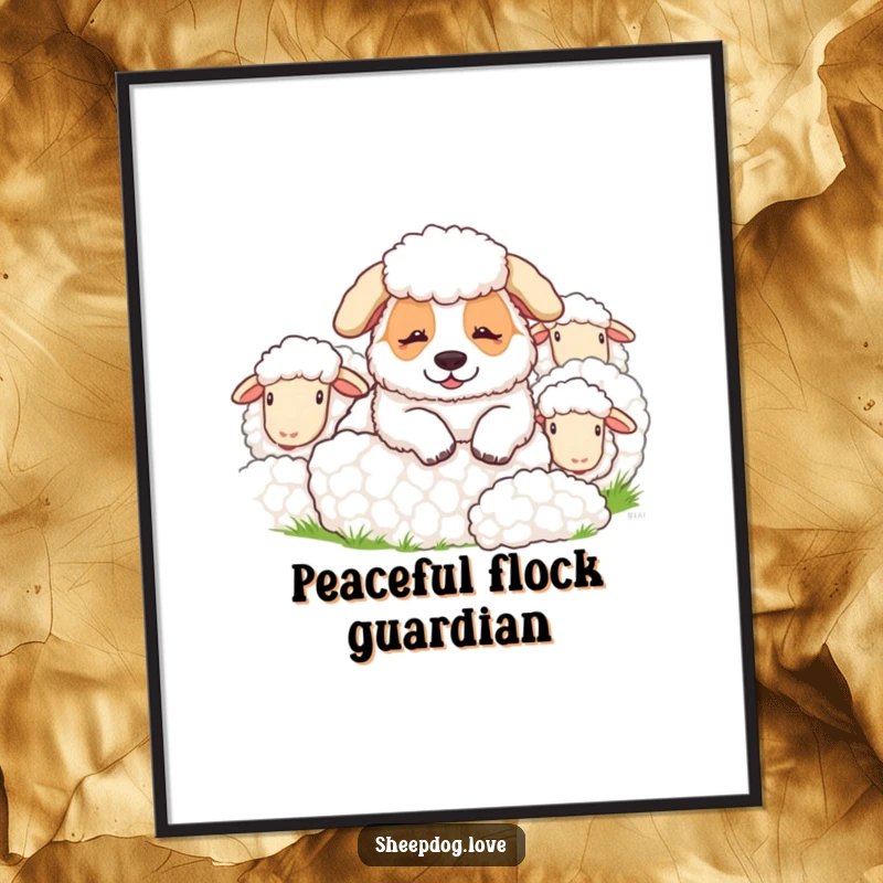 Funny sheepdog poster depicting a sheepdog resting contentedly with its sheep, a charming and humorous piece of wall art.