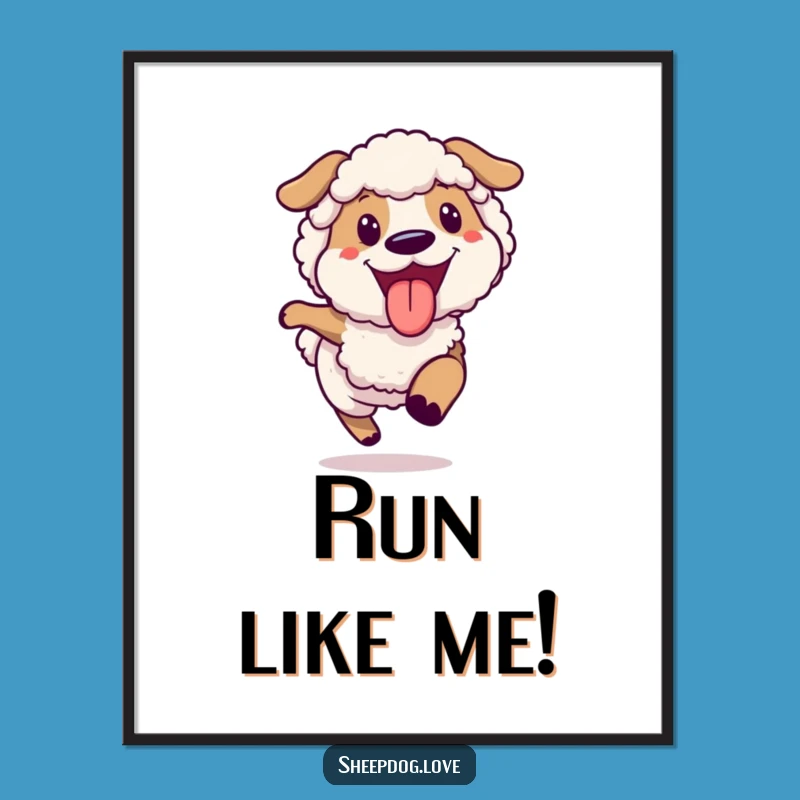 Funny Joyful Sheepdog Running Poster, Energetic Wall Art for Dog Lovers