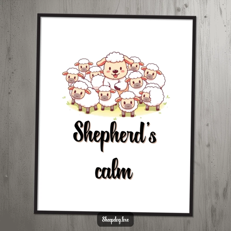 Funny poster depicting a cheerful sheepdog playfully guiding a flock of fluffy sheep, adding a heartwarming touch.