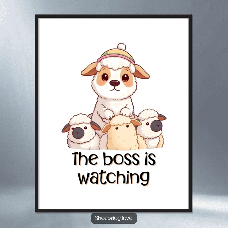 Funny poster of a sheepdog wearing a hat, diligently watching over its flock, bringing a sense of loyalty and charm.