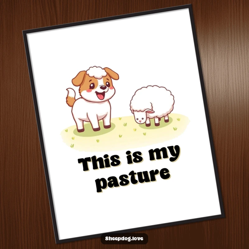 Funny Sheepdog poster showcasing a happy dog wagging its tail near sheep, a heartwarming piece of farm-inspired humor for your walls.