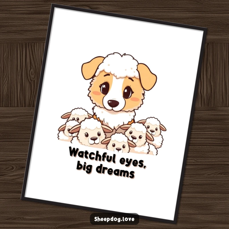Funny sheepdog poster capturing a determined sheepdog fixedly watching over its flock with unwavering focus.