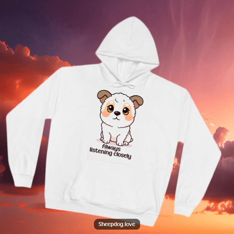Funny sheepdog hoodie showing a dog with perked ears, captured mid-listen, radiating attentiveness and charm. A delightful present for dog lovers.