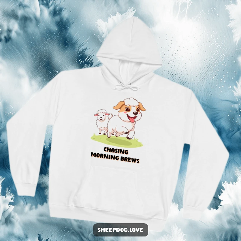 Funny Sheepdog hoodie depicting a happy, tongue-out dog running alongside sheep, offering warmth and a sense of playful movement.