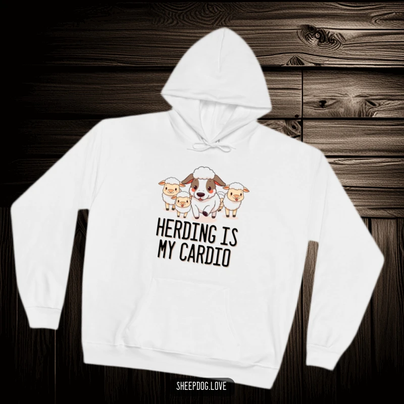 Funny sheepdog in action, herding a scattered group of sheep with funny intensity, making this a warm, humorous hoodie.