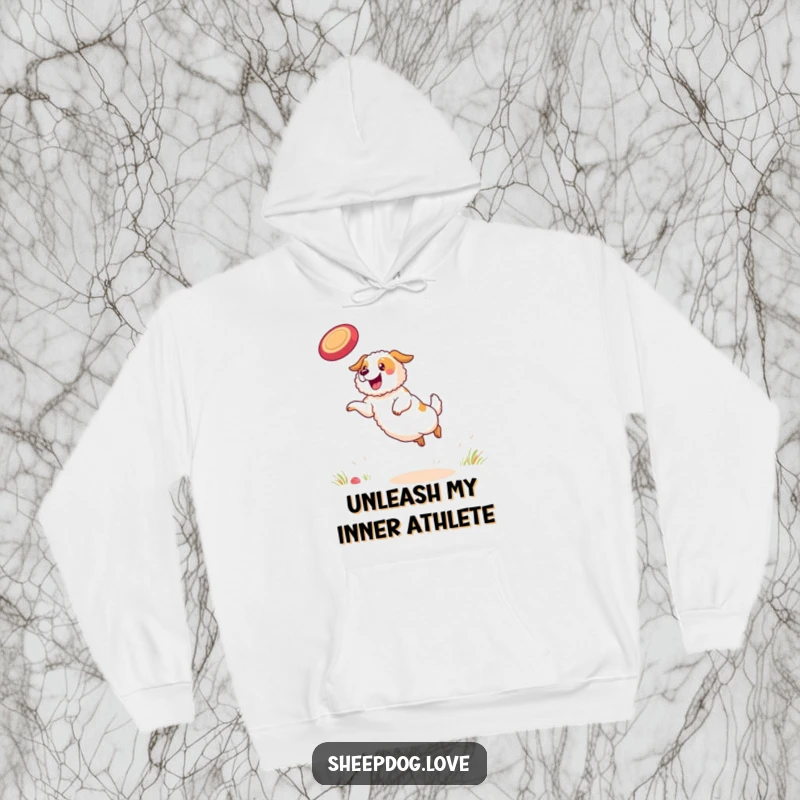 Funny sheepdog hoodie depicting a determined sheepdog athlete leaping through the air to snatch a frisbee.
