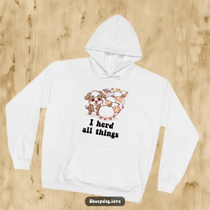 Funny sheepdog hoodie depicting a playful sheepdog guiding a lost sheep with a gentle nudge.