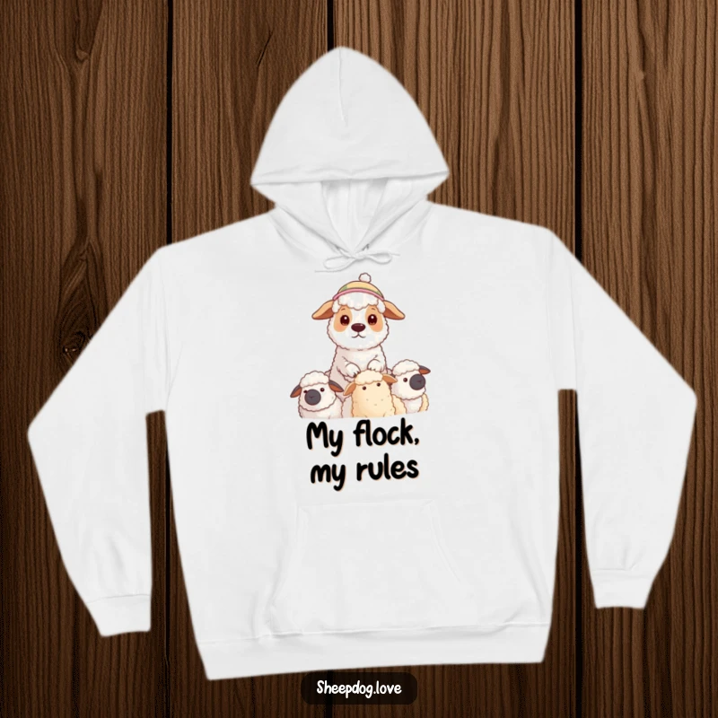 Funny hoodie with a sheepdog wearing a hat, watching over its flock, offering warmth and a symbol of dedicated protection.