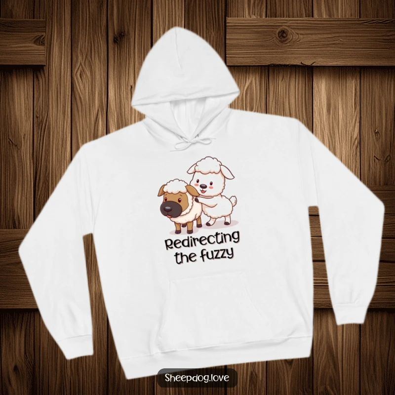 Funny sheepdog hoodie, a playful dog nudging a stray sheep back towards the group, with a focused yet fun demeanor.