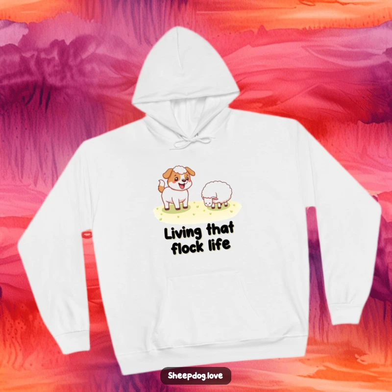 Funny Sheepdog hoodie depicting a delighted dog energetically wagging its tail near a sheep, offering warmth and whimsical farm charm.