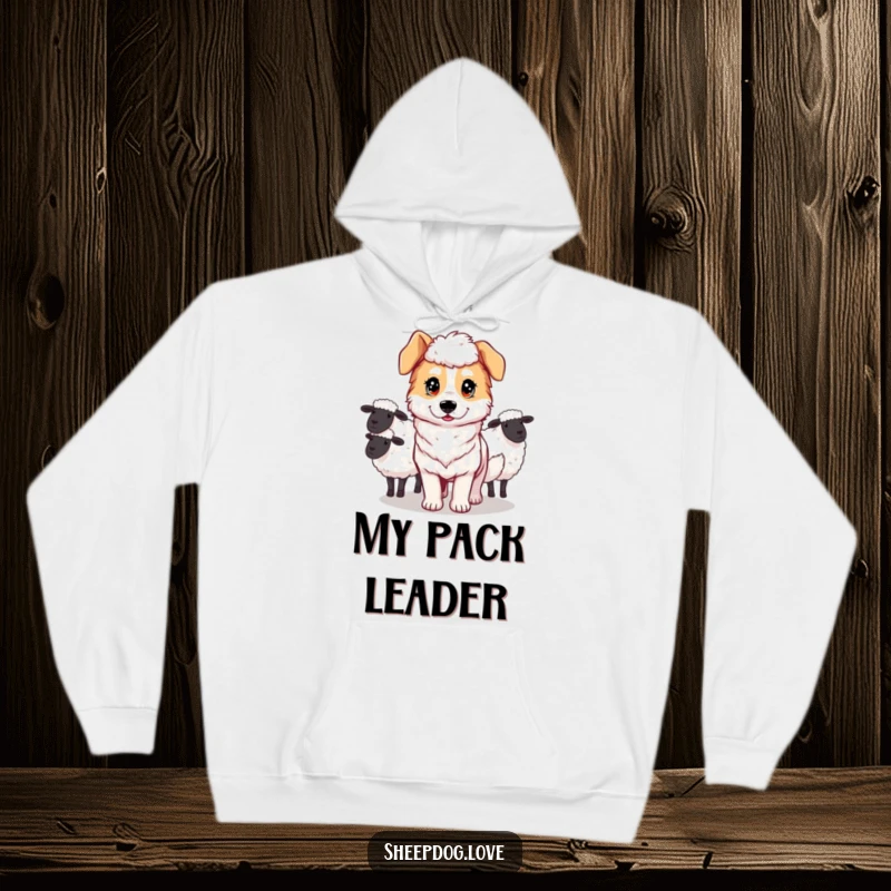 Funny hoodie depicting a sheepdog with a determined look, actively herding sheep with focus and control.