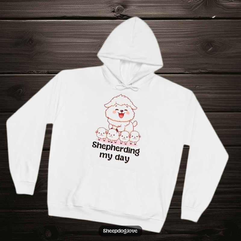 Funny sheepdog hoodie with a sheepdog joyfully herding fluffy sheep, cozy and warm, adorable farm animal theme, the ultimate funny gift.
