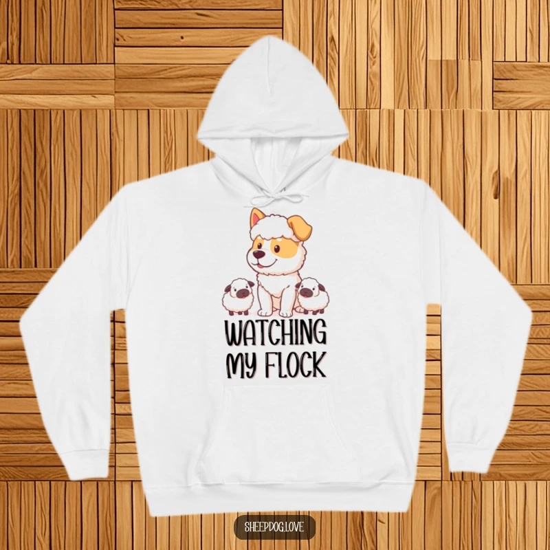 Funny Sheepdog Hoodie: A sheepdog with a determined, happy expression diligently watching a flock of sheep.