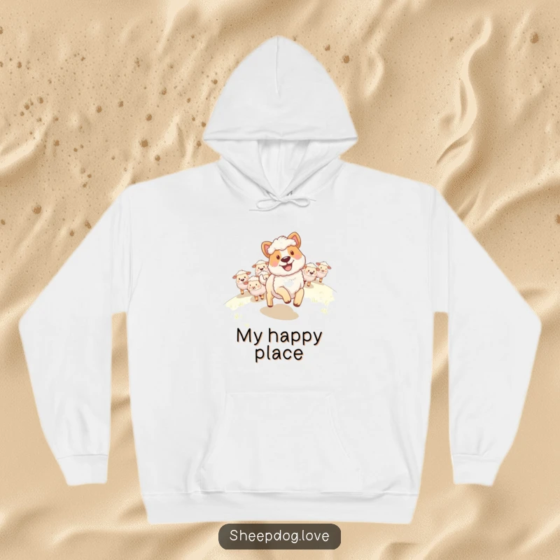 Funny Sheepdog Hoodie: A grinning sheepdog enthusiastically leading a flock of sheep up a gentle hill.
