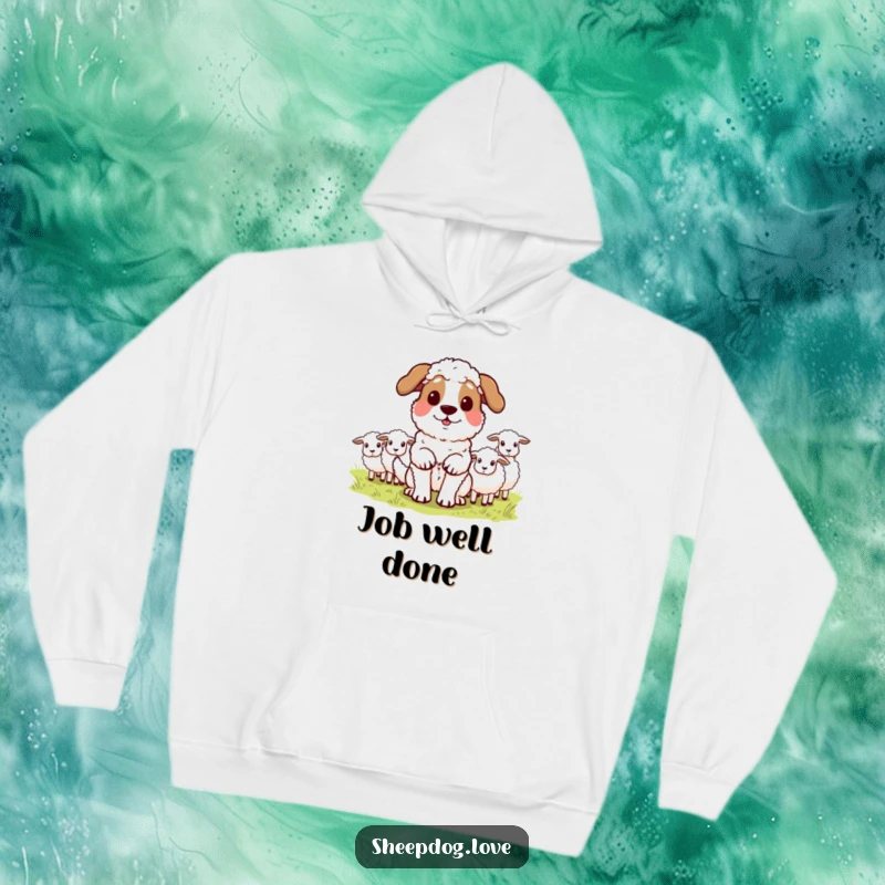 Funny sheepdog hoodie showing a proud dog, victorious after herding sheep, offering warmth and humor. A great present for dog lovers.