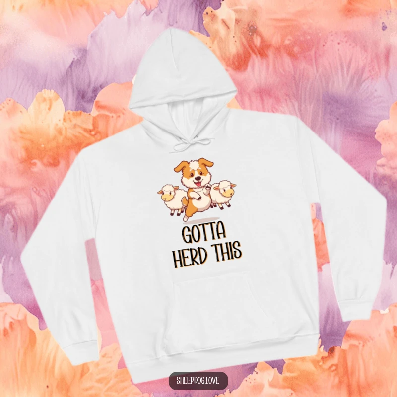Funny sheepdog hoodie showcasing a dog executing a swift maneuver to redirect sheep, offering warmth and a humorous, active vibe.