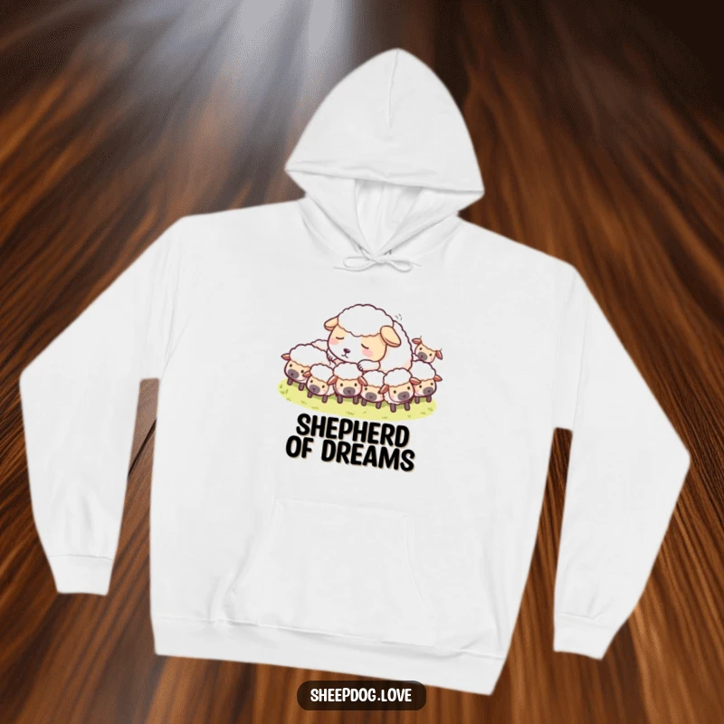 Funny Sheepdog Hoodie showing a serenely napping sheepdog surrounded by its flock, conveying comfort and humor.