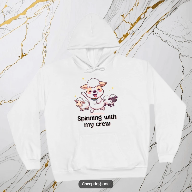 Funny happy sheepdog doing a victory spin with sheep in tow on a hoodie, perfect for cozy celebration.