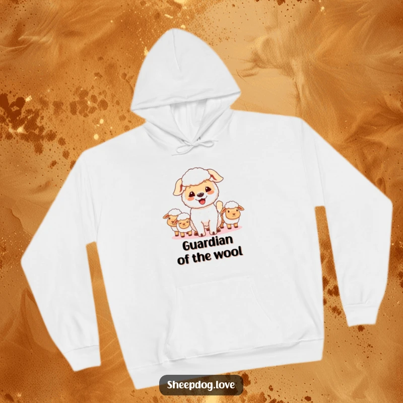 Funny sheepdog hoodie, featuring a happy dog wagging its tail and looking proudly over its flock of sheep.