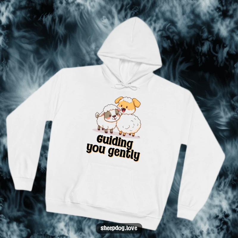 Funny sheepdog playfully nudging a stray sheep, featured on a warm and humorous hoodie for ultimate comfort.