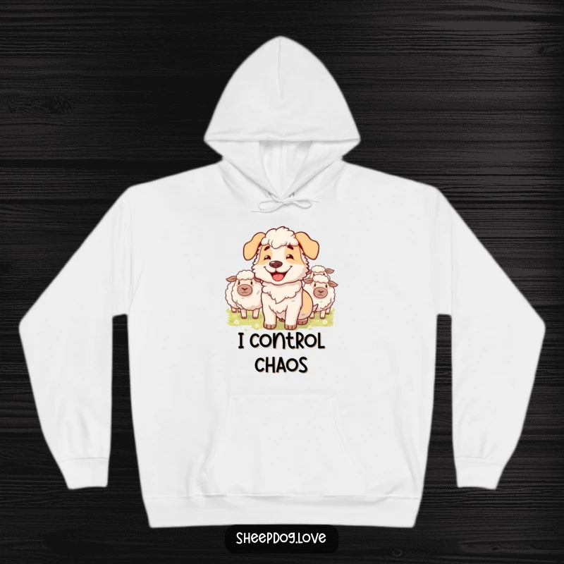 Funny hoodie featuring a grinning sheepdog expertly herding fluffy sheep, offering warmth and humorous style.