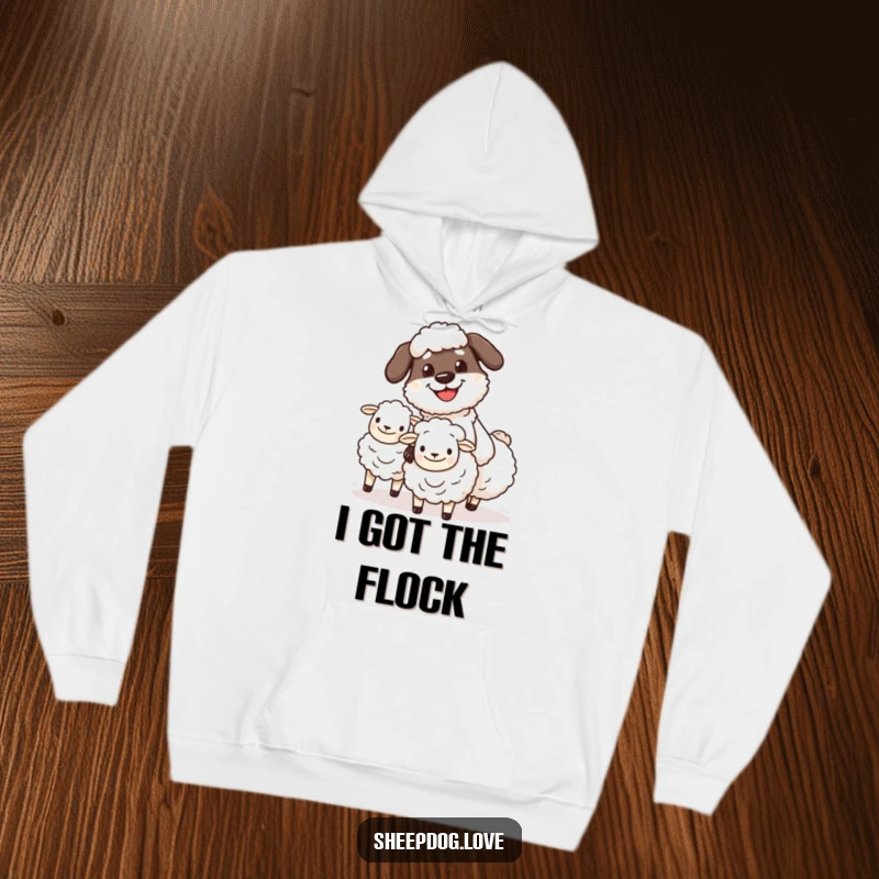 Funny sheepdog herding hoodie with a design of a determined, grinning character focused on herding fluffy sheep, offering warmth and humor.