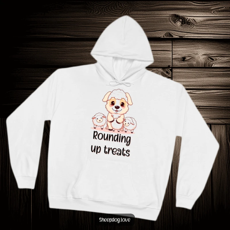 Funny sheepdog hoodie featuring a playful herding dog concentrating intensely while gathering sheep, showcasing its smart and dedicated personality.