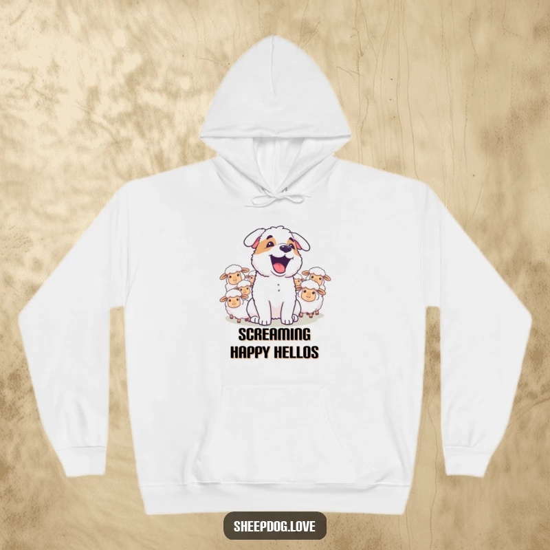 Funny sheepdog joyfully barking at sheep, featured on a warm and humorous hoodie for ultimate comfort.