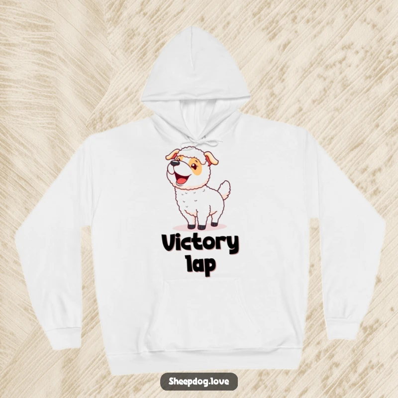Funny hoodie featuring a sheepdog wagging its tail excitedly after a successful round-up, offering warmth and a humorous touch.