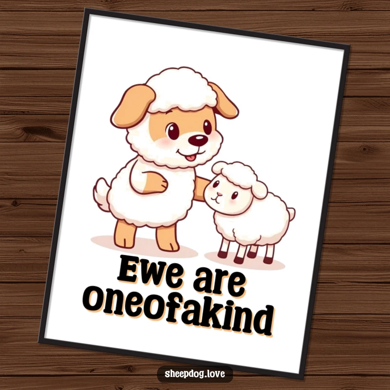 Funny Free Printable Wall Art: Adorable sheepdog nudging a sheep, creating a humorous and charming downloadable art piece.