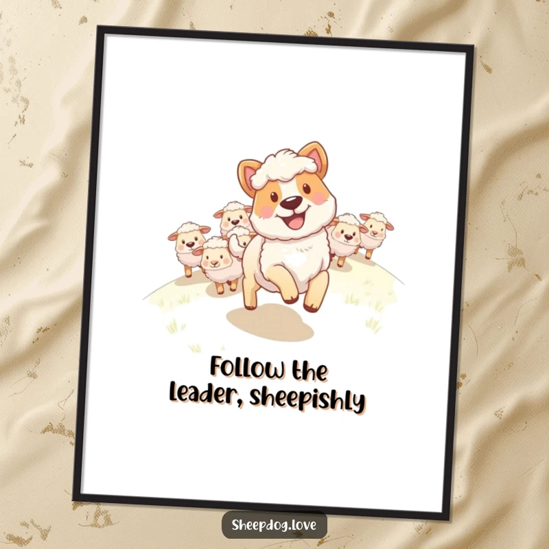 Funny free printable wall art! A sheepdog with a big happy grin leading a flock of sheep up a hill.
