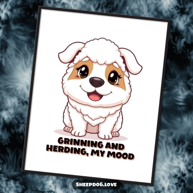 Funny Free Printable Wall Art: A sheepdog with a determined and incredibly happy expression, perfect for wall decor.